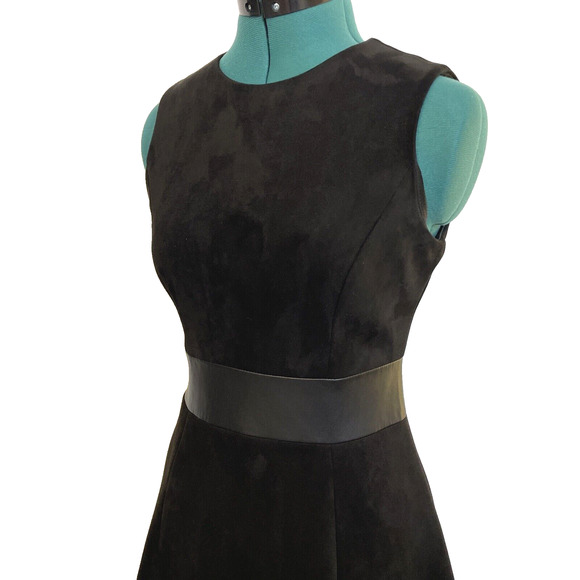 Calvin Klein Black Fit and Flare Dress‎ Faux Suede with Leather Trim Size 2 EUC - Picture 3 of 9
